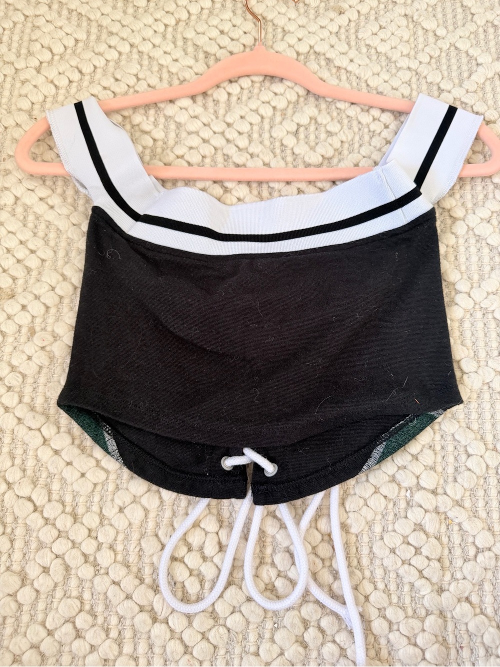 Off-Shoulder Lace-Up Crop Top with Green Panel Accents - Picture 6 of 6